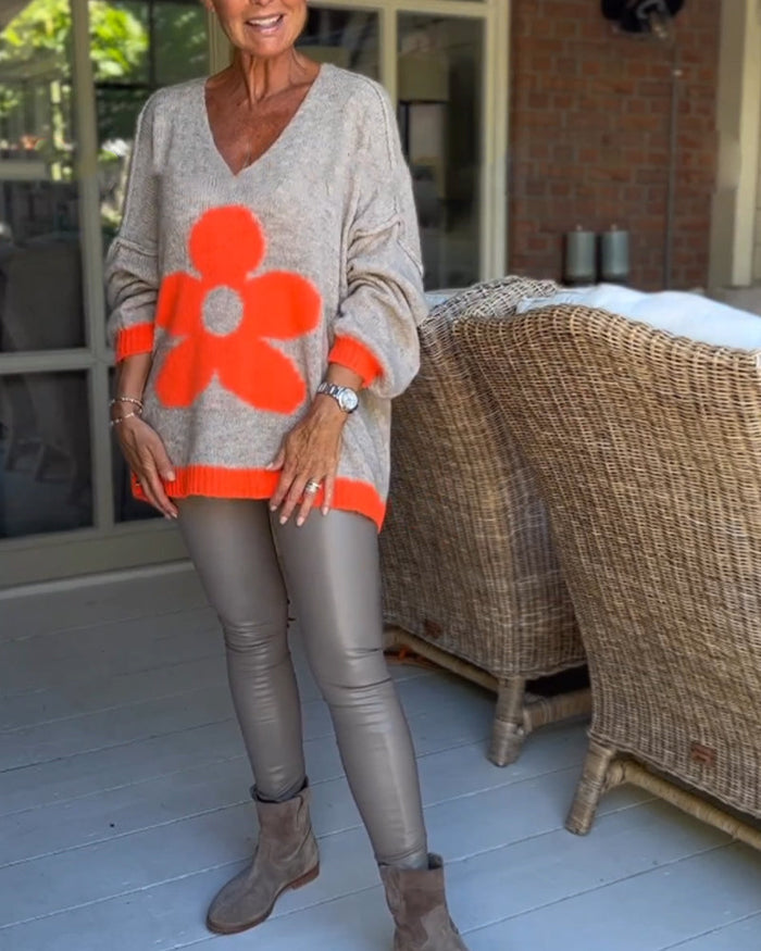 Pull col V à motif fleuri