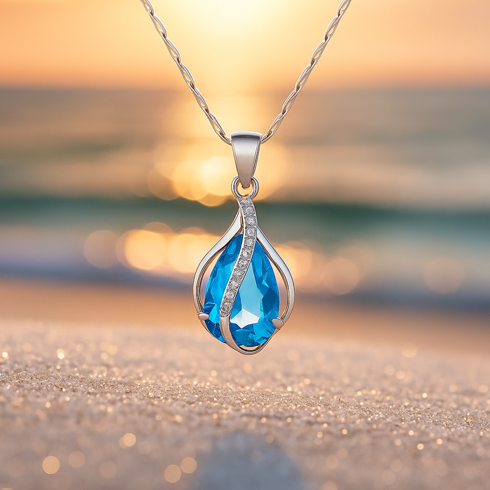 Collier artisanal Goutte de Lumière en zircon bleu