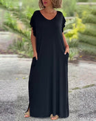 Robe longue de couleur unie avec poche et manche courte
