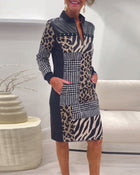 Robe élégante à imprimé léopard avec poche zippée et patchwork