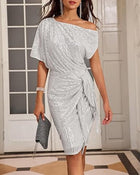 Robe élégante à paillettes avec col en V et épaules dénudées