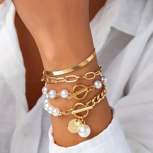 Ensemble de 4 Bracelets – Serpent, Perles & Maillons | Or