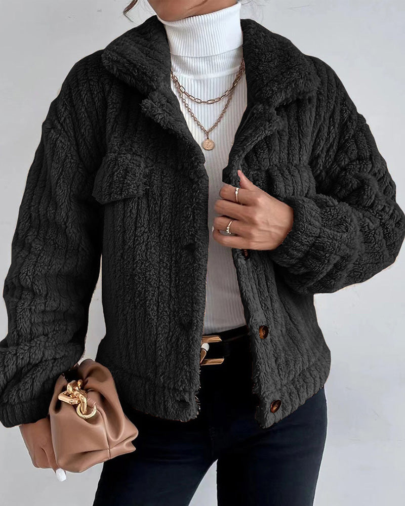 Manteau épais décontracté de couleur unie avec revers boutonné et manches longues