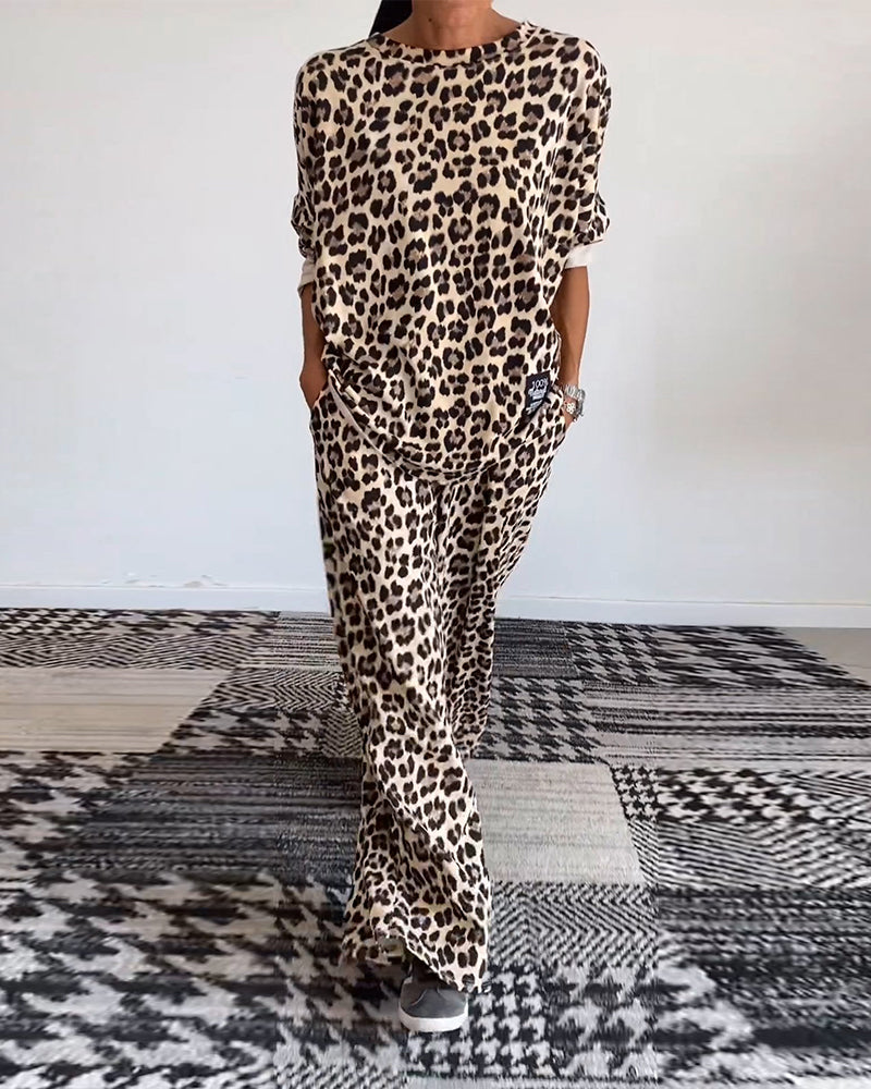 Ensemble décontracté à imprimé léopard avec haut ras du cou et poche, pantalon à jambe large