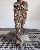 Ensemble décontracté à imprimé léopard avec haut ras du cou et poche, pantalon à jambe large