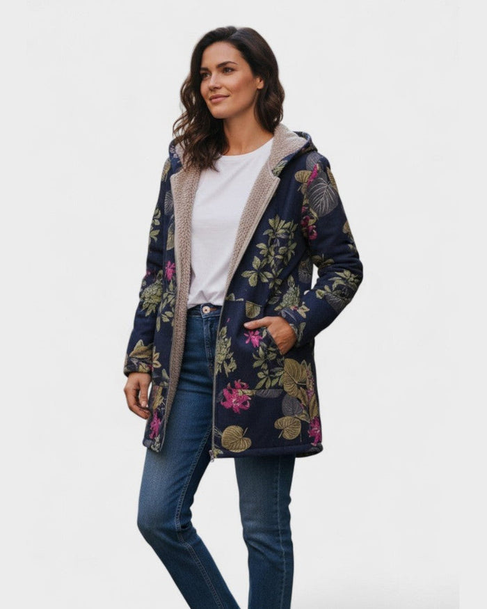 Aurora - Manteau Bleu Marine à Motif Floral