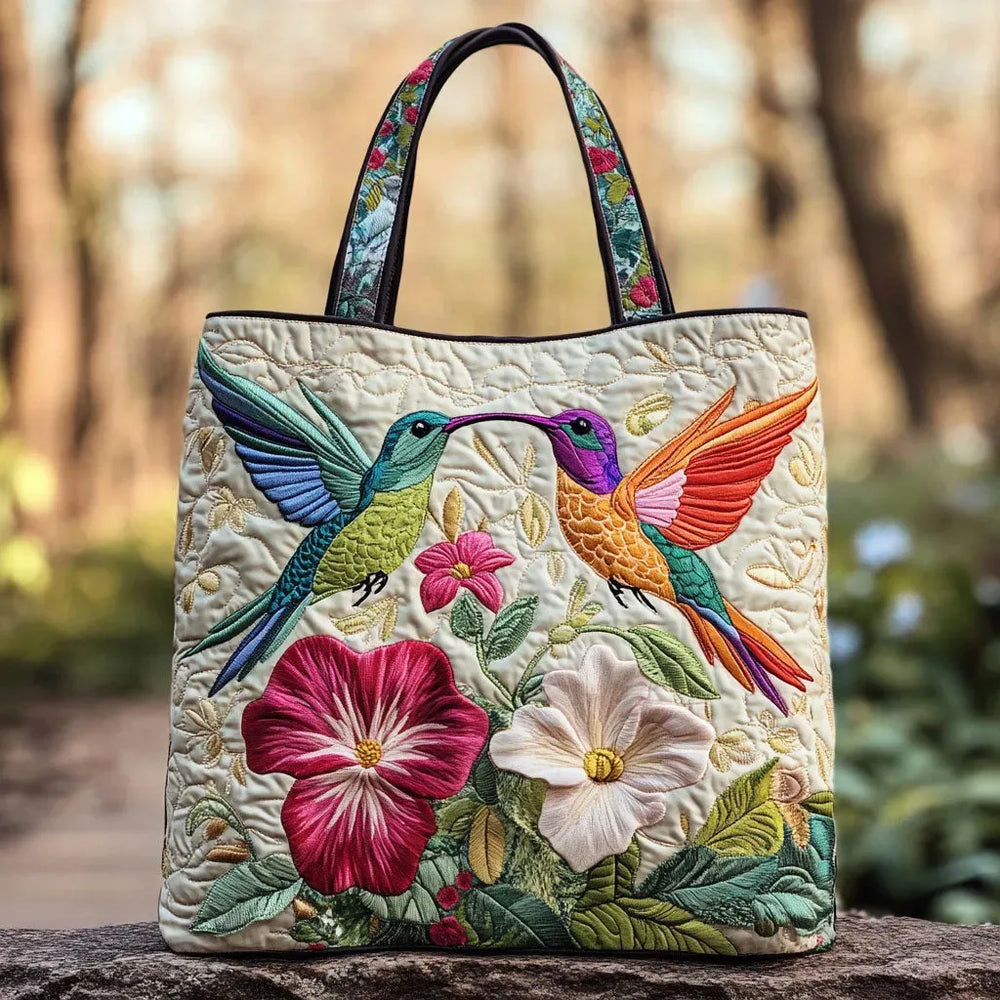 Sac Floral Matelassé Colibri et Fleurs Blanches – Deux Tailles