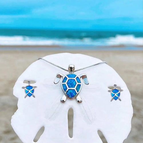 Ensemble collier et boucles d'oreilles tortue marine en opale et argent