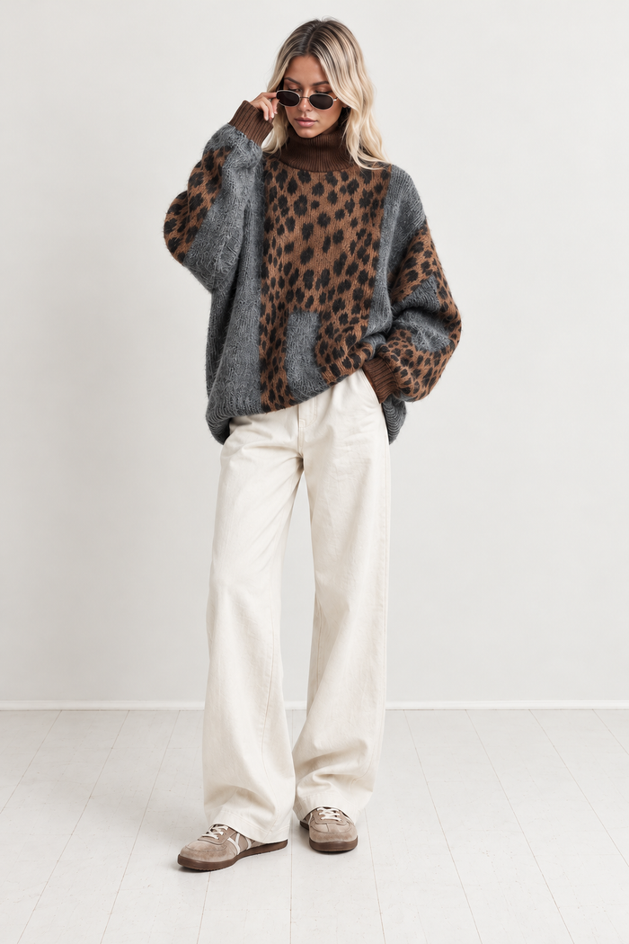 Pull femme oversize à col roulé et imprimé animalier