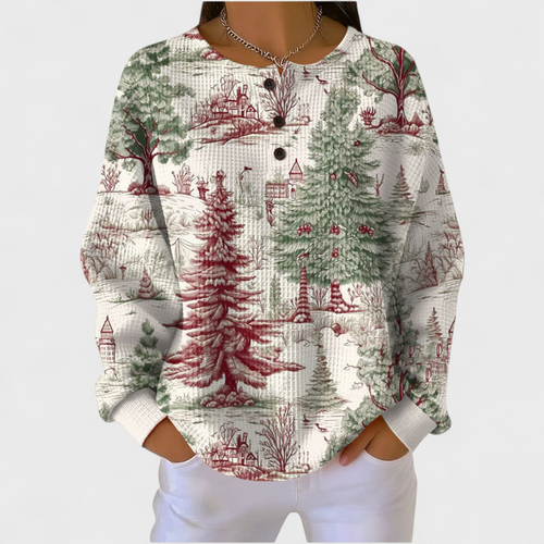 Louna - Pull crème à motif forêt d'hiver