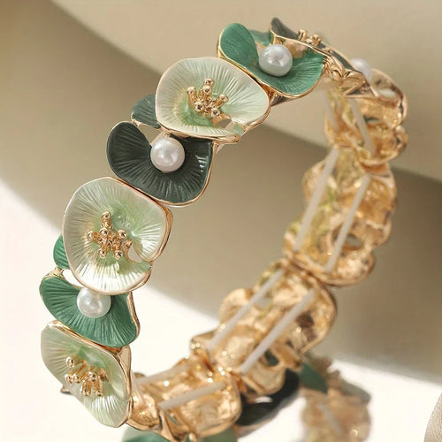 Bracelet vintage avec fleurs vertes et perles