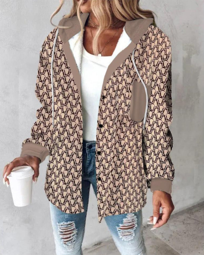 Manteau à capuche imprimé décontracté avec poche et lacets