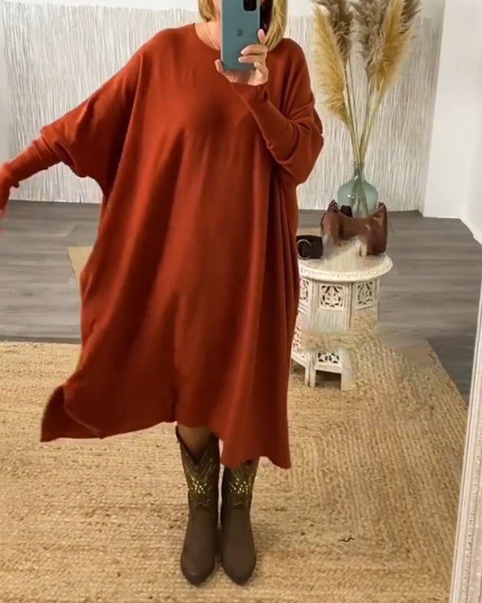 Robe pull à manches chauve-souris de couleur unie