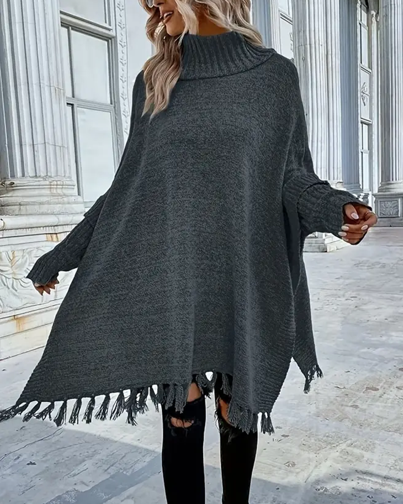 Pull À Col Roulé Avec Manches Chauve-Souris Et Franges