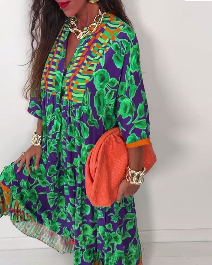 Robe longue décontractée imprimée à col en V
