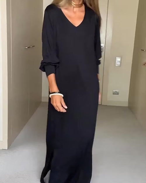 Robe décontractée à col en V de couleur unie