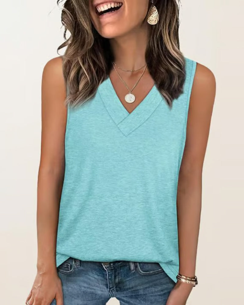 Débardeur T-Shirt Femme Sans Manches Col V Amincissant Coupe Décontractée