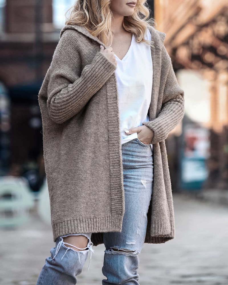 Cardigan simple à capuche de couleur unie avec motif chauve-souris