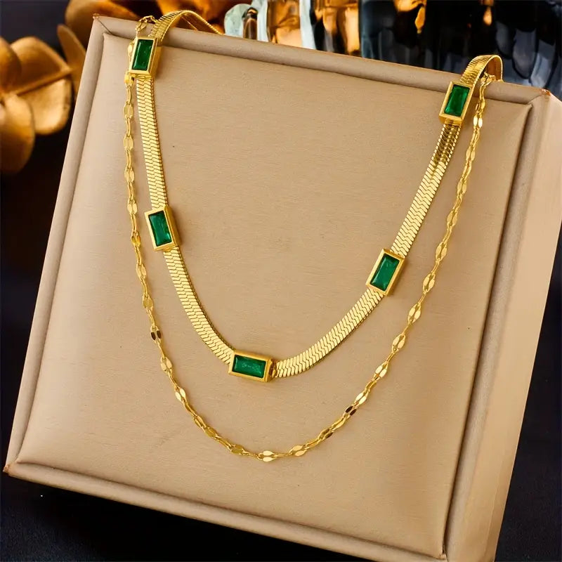 Collier en Or Double avec Émeraude Vintage