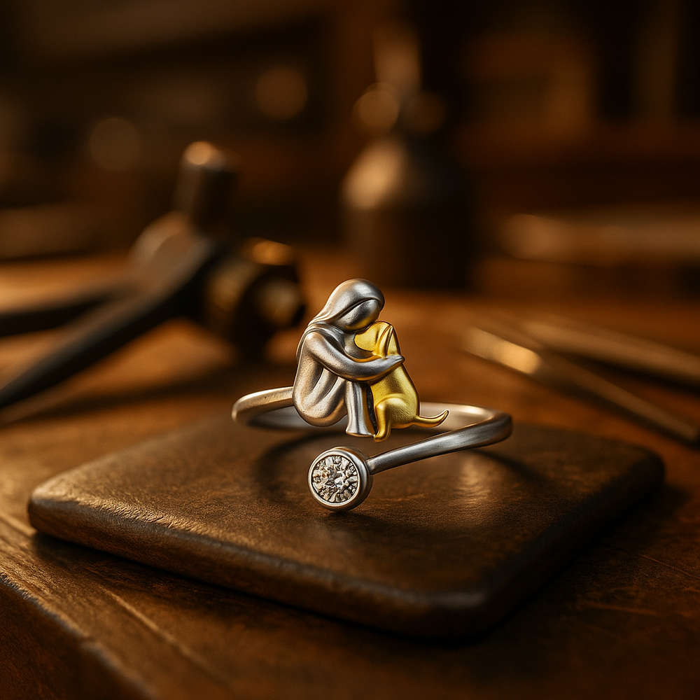 Bague de Chien en Argent avec Pierres de Zircon (Ajustable)