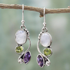 Boucles d'oreilles vintage en cristal et pierre de lune violette et verte en argent