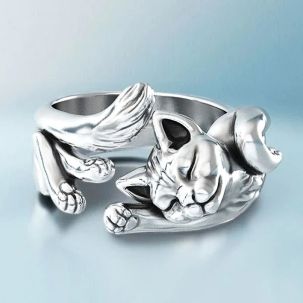 Bague vintage ajustable avec un petit chat en argent