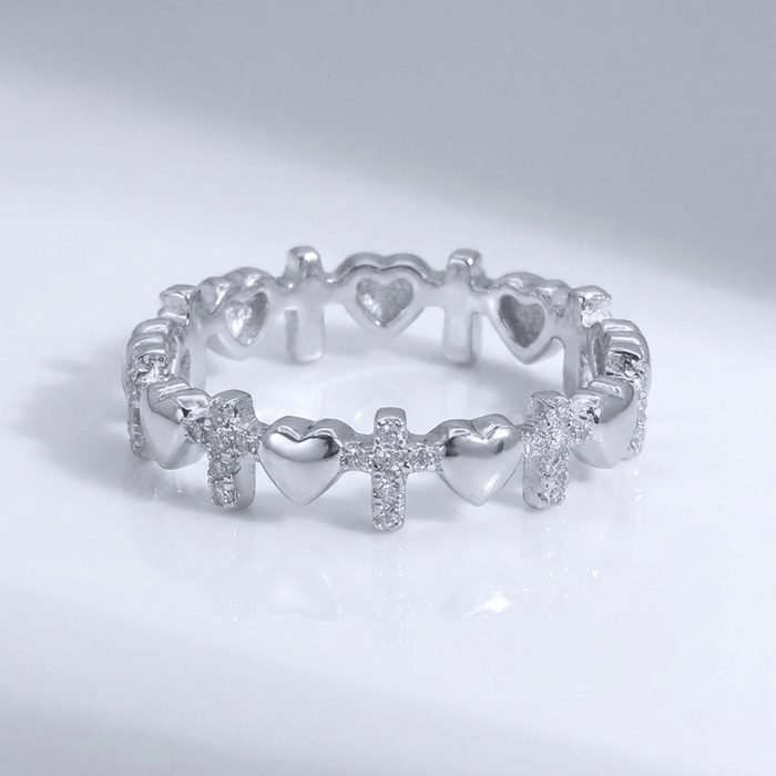 BAGUE CROIX ET CŒURS EN ARGENT