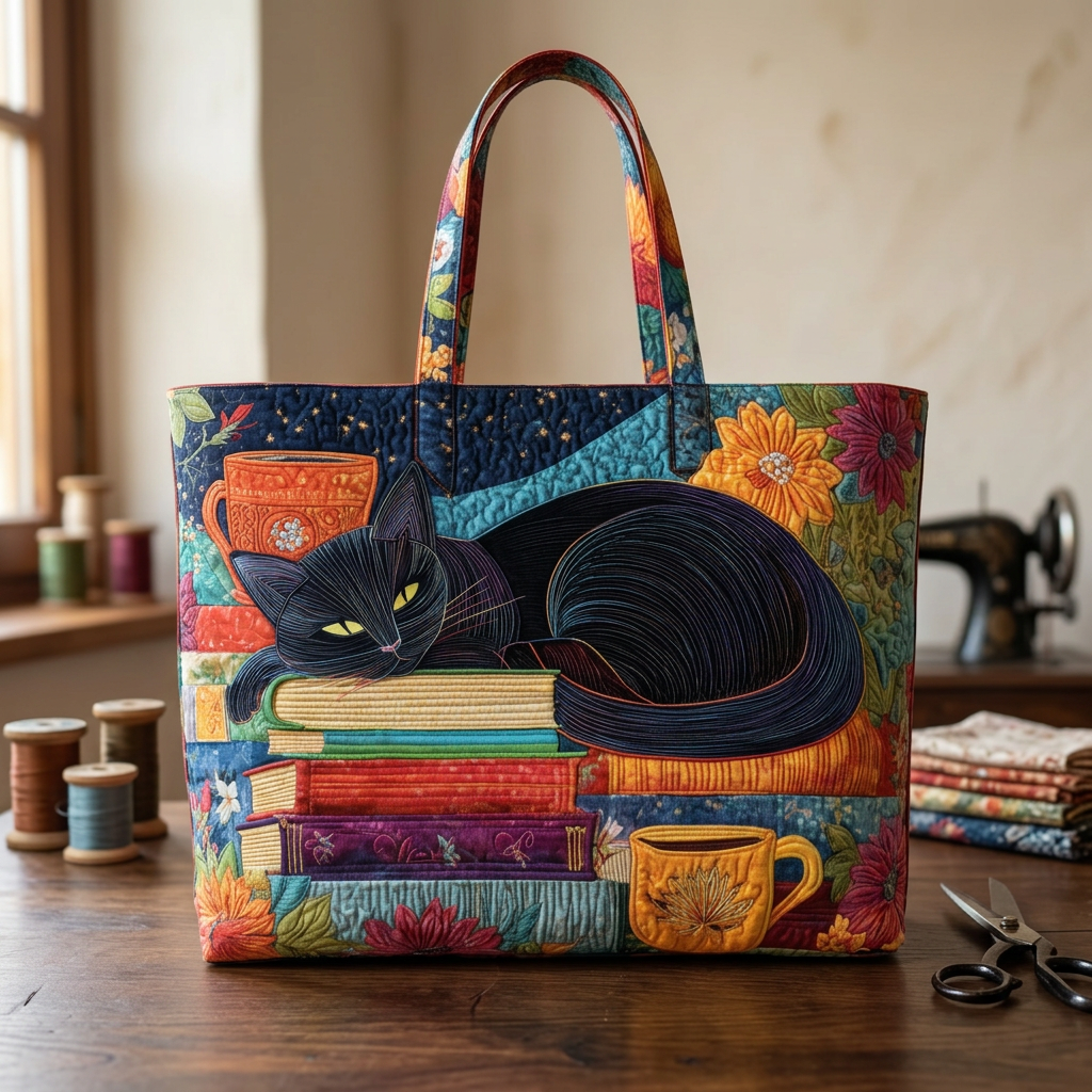 Sac à main femme avec chat noir, livres et tasses – Deux tailles