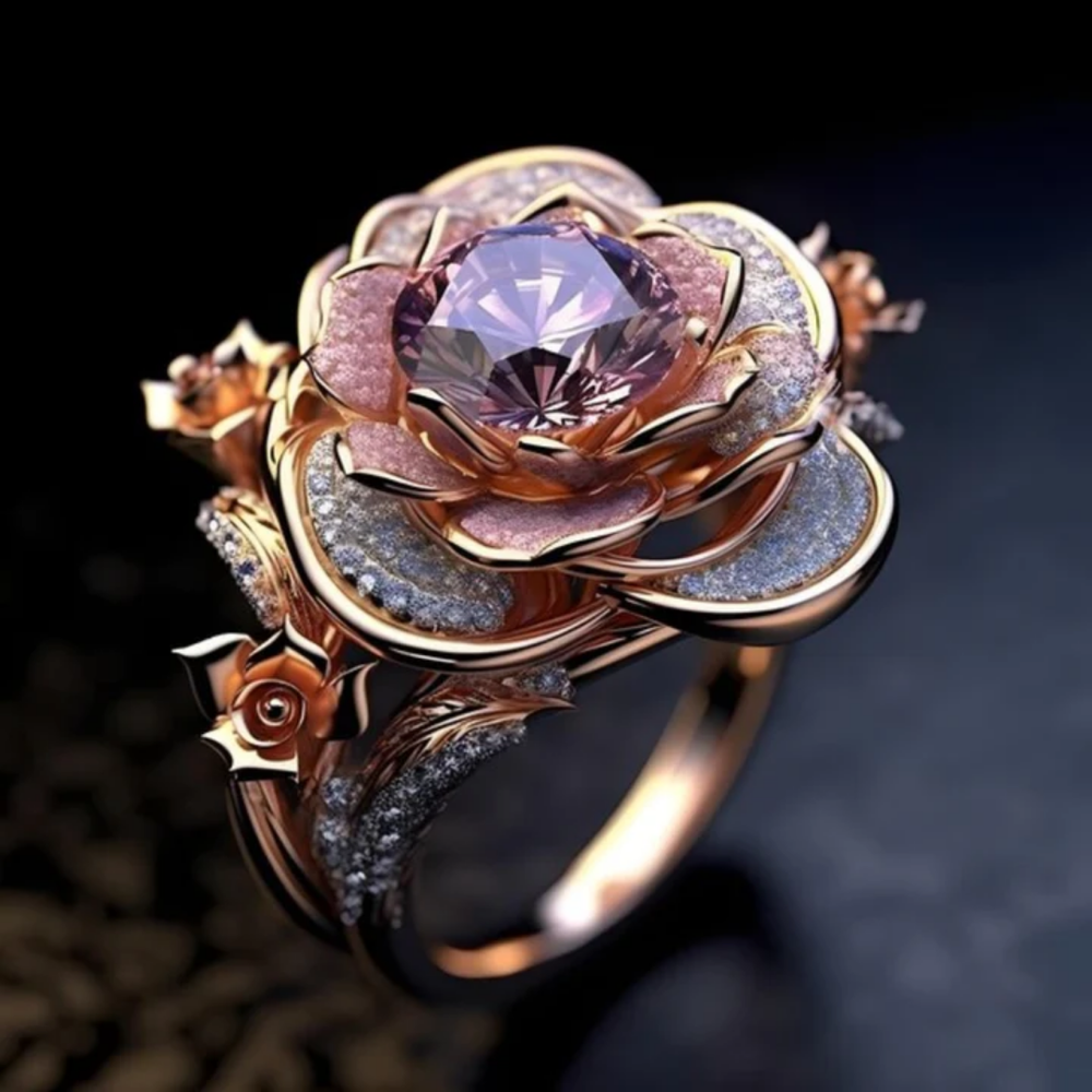 Bague brillante avec des fleurs exotiques en couches