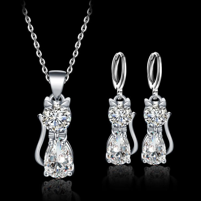 Ensemble collier + boucles d'oreilles Happy Cats en argent et zirconium blanc poli