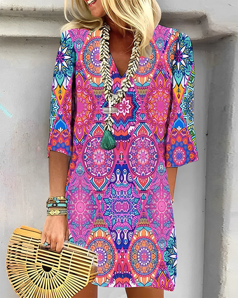 Robe à manches 3/4 à imprimé géométrique