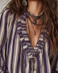 Blouse Profond Col V Rayures Verticales Loose