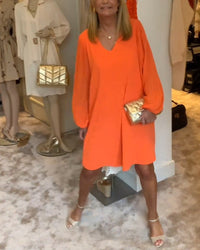 Robe col en V à manches lanternes de couleur unie
