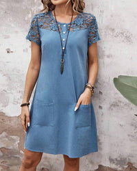 Robe de poche de couleur unie avec manches courtes en dentelle creuse