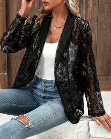 Manteau élégant à revers en dentelle florale de couleur unie
