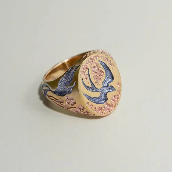 Bague Vintage Bleue et Dorée avec Colibri