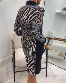 Robe élégante à imprimé léopard avec poche zippée et patchwork