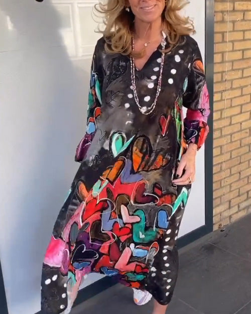 Robe à col en V à imprimé cœur avec manches longues