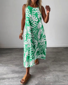 Robe décontractée sans manches à imprimé feuilles