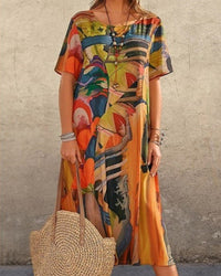 Robe droite à col rond et imprimé géométrique