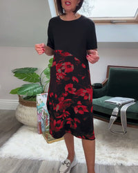 Robe patchwork décontractée à imprimé floral et col rond