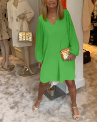 Robe col en V à manches lanternes de couleur unie