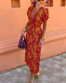 Robe midi imprimé floral à col V