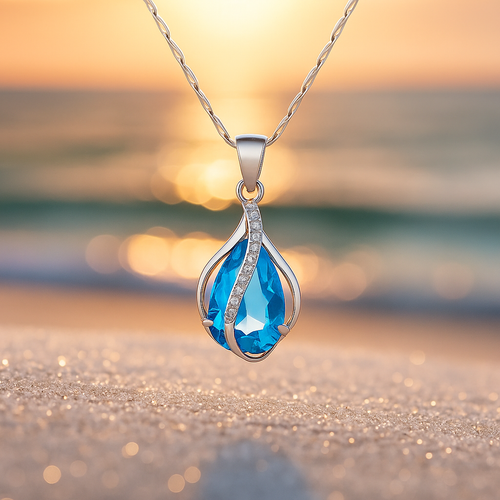 Collier artisanal Goutte de Lumière en zircon bleu
