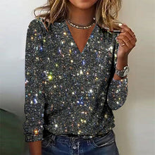 Blouse à Manches Longues avec Finition Scintillante et Encolure en V pour Femme | Idéale pour les Occasions Festives
