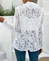 Manteau élégant à revers en dentelle florale de couleur unie