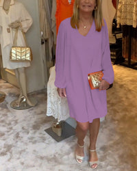 Robe col en V à manches lanternes de couleur unie