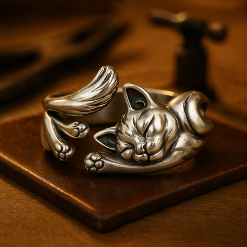 Bague Vintage de Chat en Argent (Ajustable)