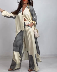 Costume Col Bouton Bloc de Couleur Pantalon Rayé Droit