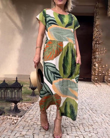 Robe fendue à manches courtes et imprimé feuilles